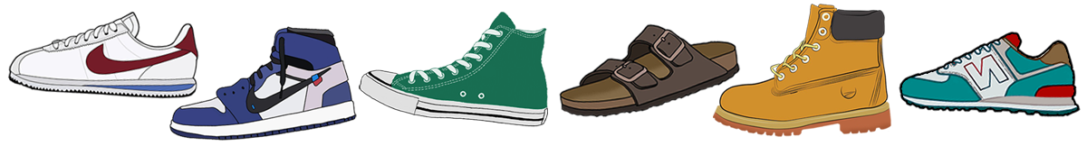 An illustration of six different shoes